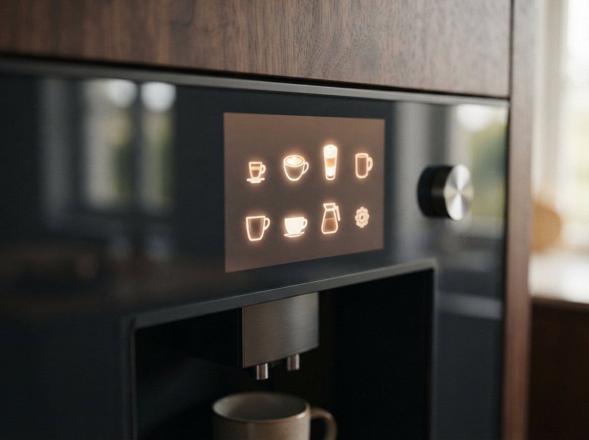Дисплей управления в кофемашинах Miele Дисплей кофемашины Miele: выбор напитка, крепости, температуры и объёма порции