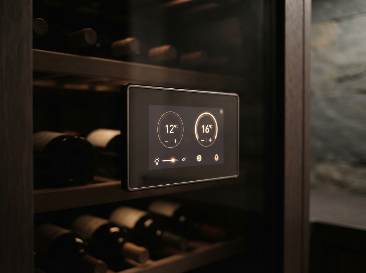 MasterSensor — сенсорное управление в винных шкафах Miele Сенсорное управление MasterSensor в винном шкафу Miele: TFT-дисплей за стеклом